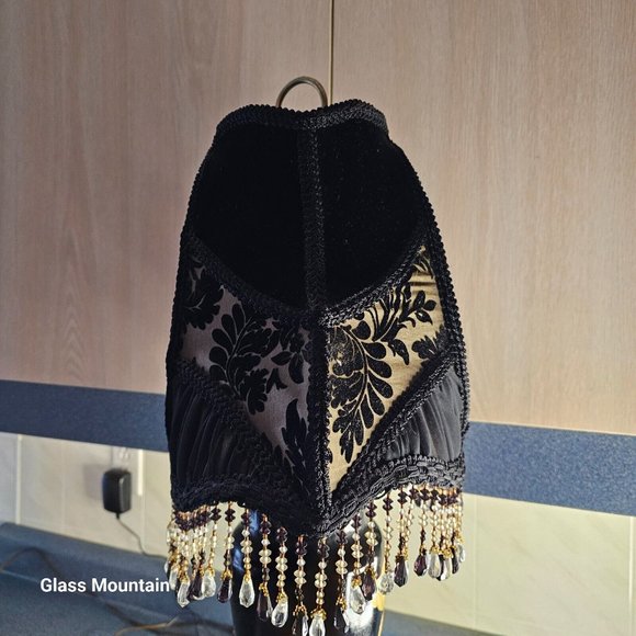 SOLD - Victorian Hand Sewn Woman & Lambs Floral Glass Beaded Fringe Lamp Shade - Picture 5 of 10
